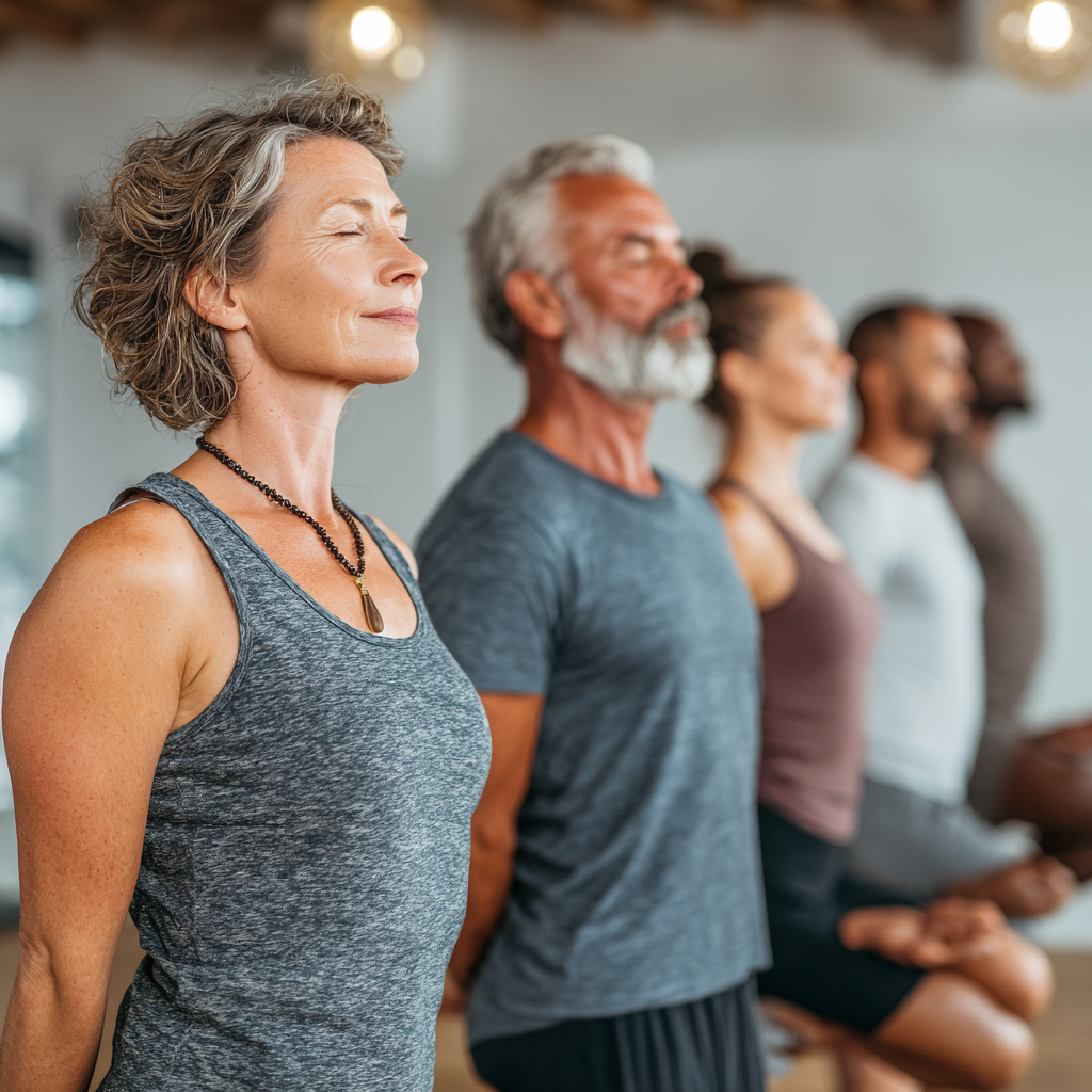 Group of diverse adults in their forties and fifties practicing yoga together in a bright studio, showing different body types and abilities, all wearing comfortable workout clothes and practicing modified versions of the same pose