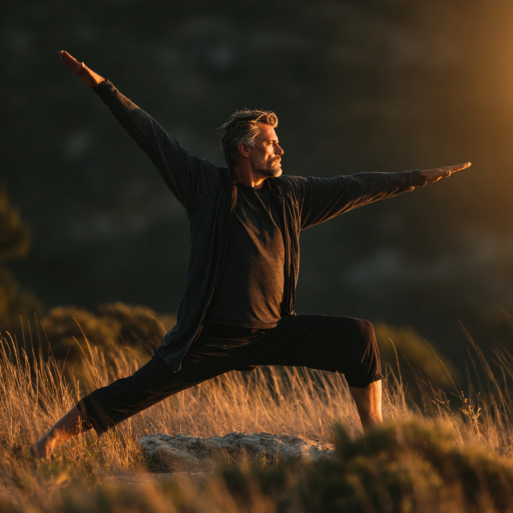 Mature man in his early fifties practicing yoga in warrior pose outdoors during golden hour, demonstrating strength and flexibility, wearing comfortable dark athletic wear against a peaceful nature backdrop