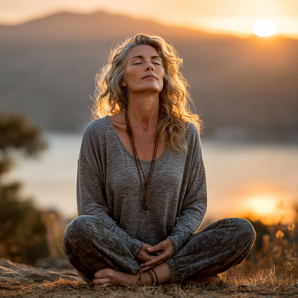 Peaceful woman in her forties practicing yoga meditation in a serene natural setting, sitting cross-legged with eyes closed, wearing comfortable gray clothing, surrounded by soft natural lighting